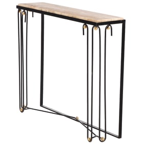 ONE OF TWO PAINTED IRON CONSOLE TABLES WITH INSET TRAVERTINE TOPS AND BRASS BALL DECORATION IN THE