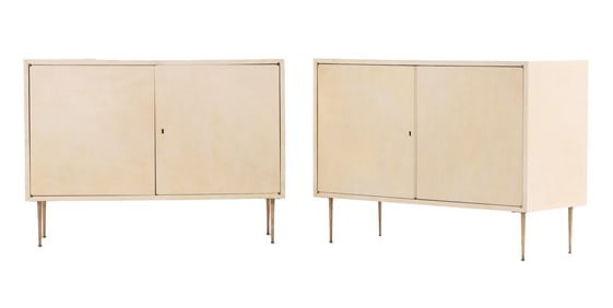 PAIR PARCHMENT COVERED TWO DOOR CABINETS HAVING BRASS LEGS C 1950.