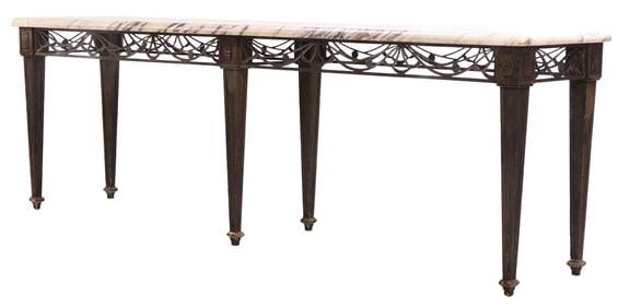 LARGE FRENCH HAND HAMMERED IRON CONSOLE TABLE HAVING A MARBLE TOP AND FINISHED ON ALL SIDES C