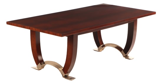 AN ART DECO DINING TABLE IN BRAZILIAN ROSEWOOD BY JULES LELEU C 1934 HAVING 2 LEAVES AND NICKLED