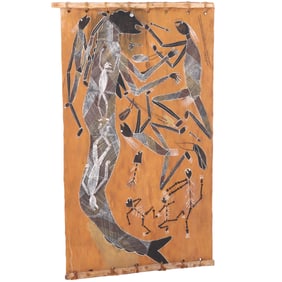 AUSTRALIAN ABORIGINAL BARK PAINTING COMPOSITION WITH HUNTING FIGURES, SKELETONS AND A MAN-EATING