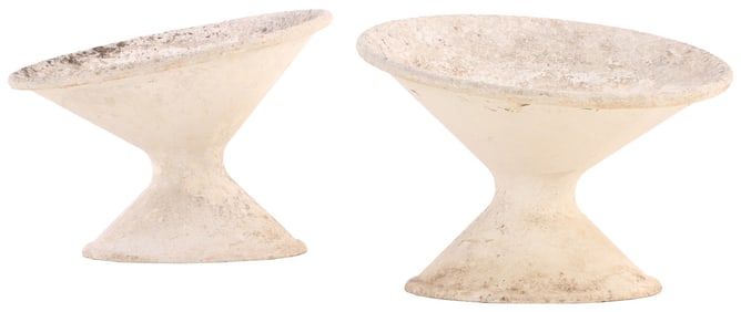 PAIR ROUND CANTED CAST STONE FRENCH PLANTERS DESIGNED BY WILLY GUHL C 1970.