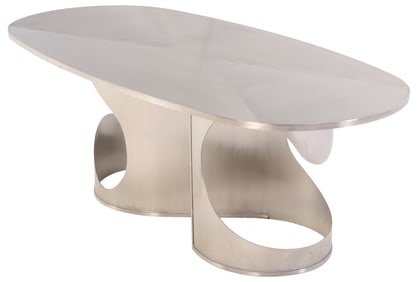 STAINLESS STEEL DINING TABLE ON SHAPED BASE IN TWO PARTS IN THE MANNER OF MARIA PERGAY.