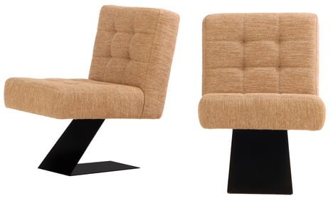 PAIR UPHOLSTERED LOUNGE CHAIRS HAVING A PAINTED IRON Z FORM BASE AND NEW FABRIC,