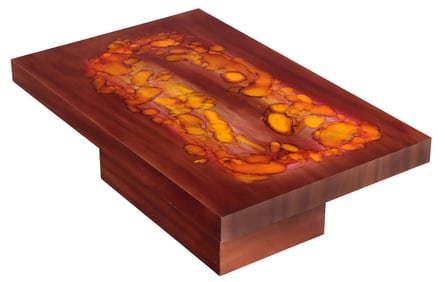 BELGIAN DECORATED COPPER COFFEE TABLE C 1980. SIGNED BY THE ARTIST.