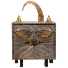PAINTED IRON CABINET IN THE FORM OF A CAT HAVING TWO DOORS IN THE MANNER OF PAUL EVANS.