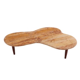 BIOMORPHIC MARBLE TOP AND WOOD COFFEE TABLE IN THE MANNER OF ROBSJOHN-GIBBINGS.