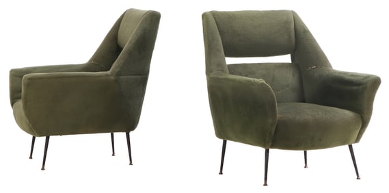 PAIR ITALIAN UPHOLSTERED LOUNGE CHAIRS BY GIGI RADICE C 1950 RESTING ON IRON LEGS.
