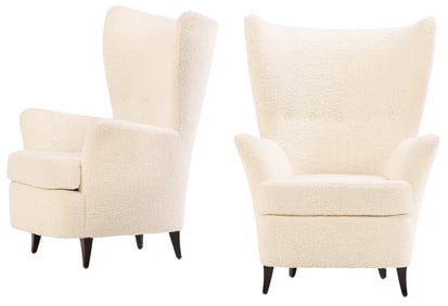 PAIR OF RESTORED  ITALIAN LOUNGE CHAIRS HAVING EBONIZED FEET C 1950 WITH NEW BOUCLE FABRIC.