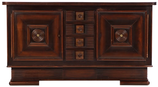 FRENCH MAHOGANY SIDEBOARD WITH BRASS ACCENTS IN THE MANNER OF CHARLES DUDOUYT C 1940.