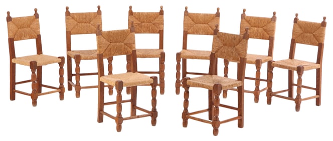 EIGHT ELEGANT FRENCH OAK AND RUSH DINING CHAIRS IN THE MANNER OF CHARLES DUDOUYT C 1940