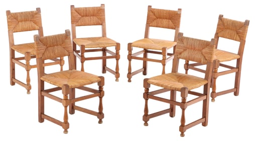 SIX FRENCH OAK DINING CHAIRS WITH RUSH SEATS AND BACKS C 1940 IN THE MANNER OF CHARLES DUDOUYT C
