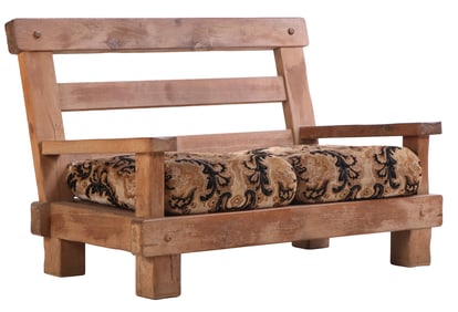 FRENCH OAK BRUTALIST STYLE SETTEE HAVING EXTRA THICK TIMBER AND LOOSE CUSHION UPHOLSTERY C 1960.
