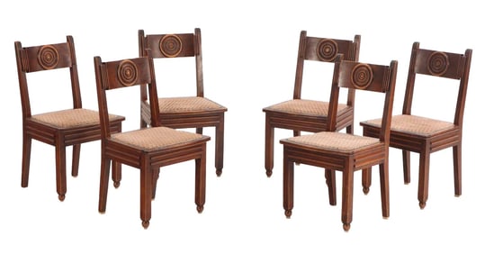 SIX FRENCH DINING CHAIRS WITH CIRCULAR DESIGN ATTRIBUTED TO CHARLES DUDOUYT C 1940.