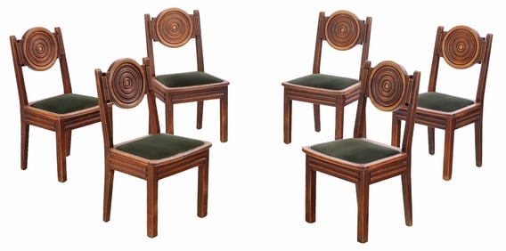 SIX FRENCH MAHOGANY DINING CHAIRS ATTRIBUTED TO CHARLES DUDOUYT HAVING CIRCULAR DESIGN C 1940.