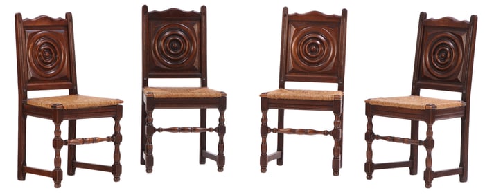 FOUR FRENCH OAK AND RUSH SIDECHAIRS WITH CIRCULAR MOTIFS IN THE MANNER OF CHARLES DUDOUYT C 1940.