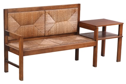 FRENCH WOOD AND  RUSH SEAT  BENCH WITH INTEGRAL TABLE C 1940.