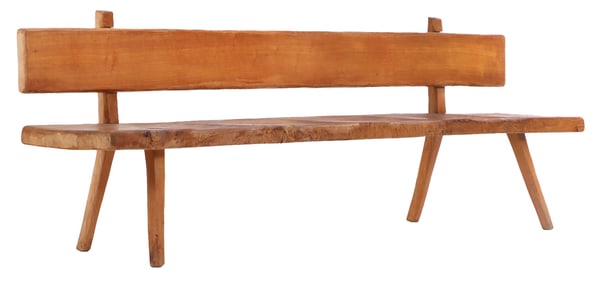 LARGE FRENCH BRUTALIST STYLE ELM BENCH WITH SCOOPED SEAT C 1960.