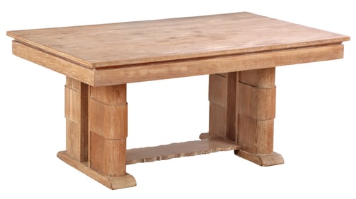 FRENCH CERUSED OAK DINING TABLE C 1940 HAVING TWO LEAVES.