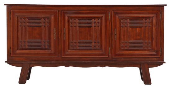 FRENCH OAK THREE DOOR SIDEBOARD WITH GEOMETRIC MOTIFS C 1940.