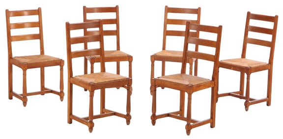 SIX FRENCH OAK AND RUSH SIDECHAIRS C 1950.
