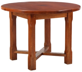ROUND FRENCH OAK BRUTALIST STYLE TABLE WITH STRETCHER C 1950.
