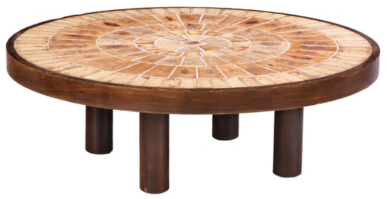 FRENCH WOOD AND TILE COFFEE TABLE WITH NATURALISTIC DESIGN. TILES STAMPED CAPRON.