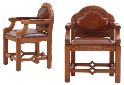 PAIR RESTRAINED GOTHIC OAK ARM CHAIRS C 1960.