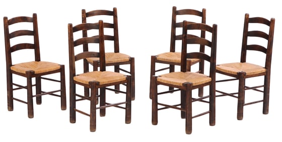 SIX STURDY FRENCH DINING CHAIRS WITH RUSH SEATS C 1950 HAVING TAPERED LEGS.