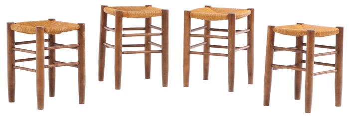 FOUR FRENCH STOOLS WITH RUSH SEATS C 1950.