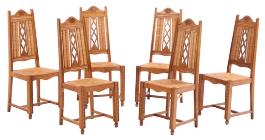 SIX FRENCH OAK AND RUSH DINING CHAIRS C 1940.