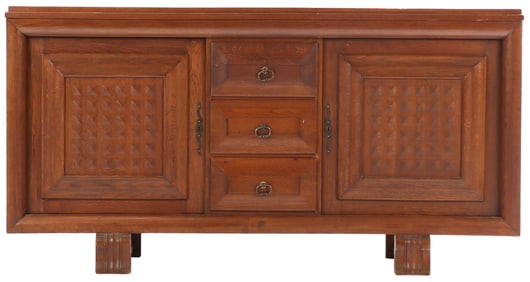 FRENCH OAK SIDEBOARD IN THE MANNER OF CHARLES DUDOUYT C 1940 HAVING THREE DRAWERS FLANKED BY