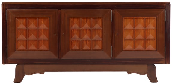 FRENCH MAHOGANY SIDEBOARD HAVING THREE DOORS WITH A CHECKERED PATTERN IN THE MANNER OF CHARLES