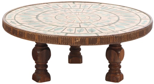 RARE WOOD AND TILE TOP COFFEE TABLE C 1970 ATTRIBUTED TO ROGER CAPRON WITH NEVER SEEN BEFORE