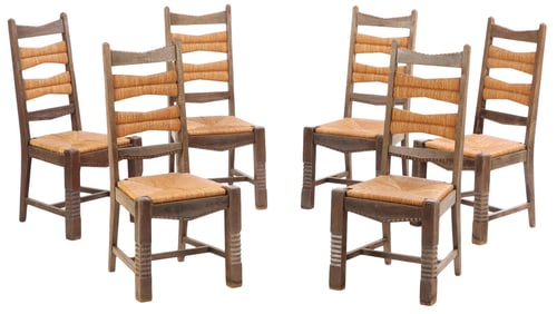 SIX FRENCH OAK AND RUSH DINING CHAIRS ATTRIBUTED TO VICTOR COURTRAY C 1940.