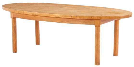 FRENCH BRUTALIST STYLE PINE DINING TABLE WITH ROUND LEGS AND "BOWLING ALLEY" TOP C 1960.