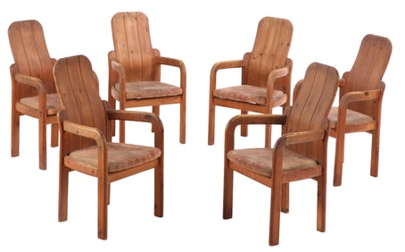 SIX FRENCH PINE BRUTALIST STYLE OPEN ARM CHAIRS C 1960.
