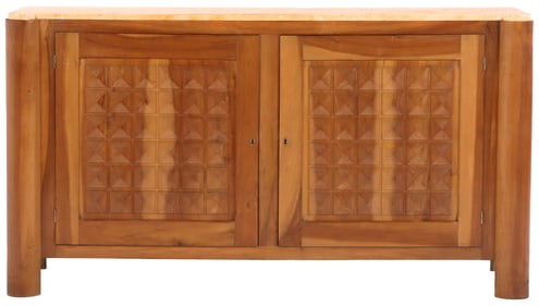 ONE OF TWO FRENCH WALNUT MARBLE TOP SERVERS HAVING DIAMOND DESIGN DOORS C 1945.