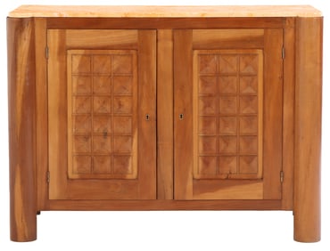 ONE OF TWO FRENCH WALNUT MARBLE TOP SERVERS HAVING DIAMOND DESIGN DOORS C 1945.
