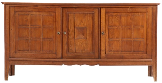 THREE DOOR FRENCH OAK SIDEBOARD WITH GEOMETRIC MOTIFS C 1940.