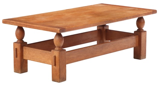 BRUTALIST STYLE OAK COFFEE TABLE WITH MELON FORM SUPPORTS C 1960.