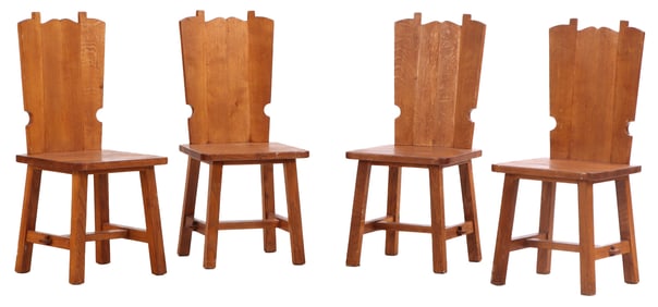 FOUR FRENCH OAK BRUTALIST STYLE CHAIRS WITH CUT OUT DESIGN C 1950.