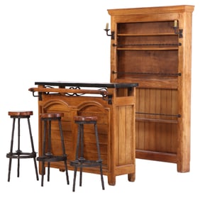 BRUTALIST STYLE OAK AND WROUGHT IRON SLATE TOP FRONT AND BACK BAR WITH THREE MATCHING BAR STOOLS