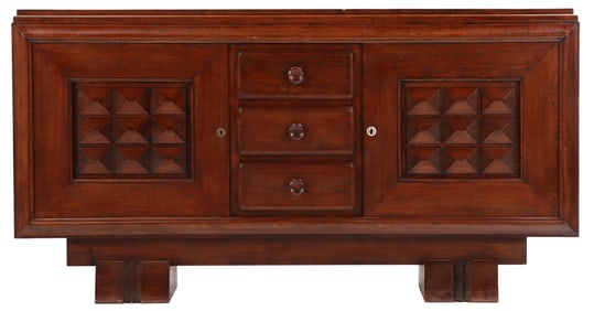 OAK SIDEBOARD IN THE MANNER OF CHARLES DUDOUYT HAVING TWO DOORS AND THREE DRAWERS C 1940.