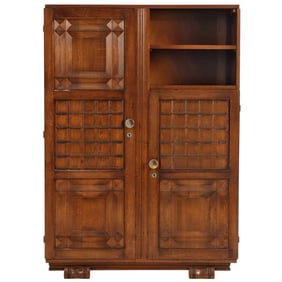 FRENCH OAK TWO DOOR CABINET IN THE MANNER OF CHARLES DUDOUYT C 1940. DISMANTLES FOR TRANSPORT.