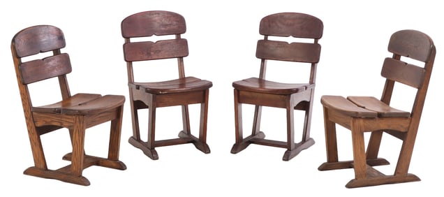 FOUR SUBSTANTIAL FRENCH BRUTALIST STYLE OAK SIDECHAIRS C 1950.