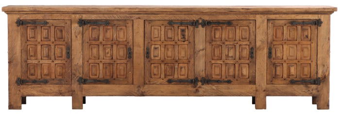 LARGE SPANISH OAK SIDEBOARD IN THE BRUTALIST STYLE HAVING DECORATIVE IRON HINGES C 1940.