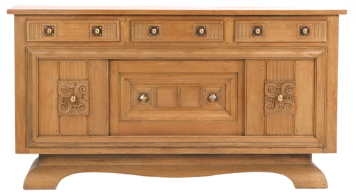 FRENCH CARVED MAHOGANY ART DECO SIDEBOARD WITH SLIDING DOORS C 1940.