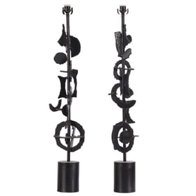 PAIR OF HAND CUT IRON TABLE LAMPS IN THE BRUTALIST STYLE.