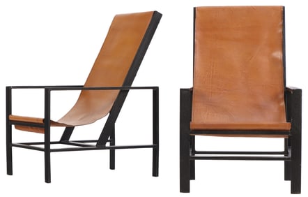 PAIR OF OPEN ARM  IRON AND LEATHER SLING CHAIRS.
